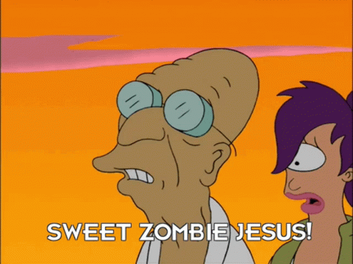 A Cartoon Character Says Sweet Zombie Jesus Next To A Woman GIF