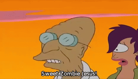 A Cartoon Character Says Sweet Zombie Jesus While Standing Next To Another Character GIF