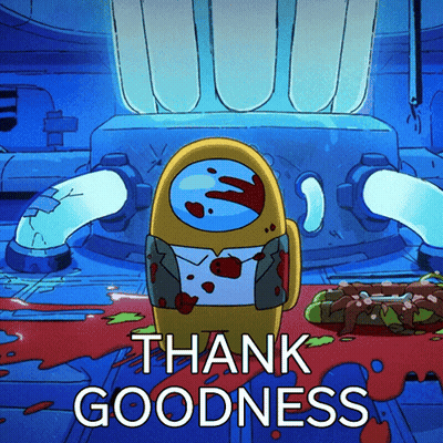 A Cartoon Character Says Thank Goodness In A Blue Room GIF