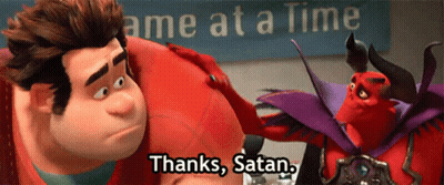 A Cartoon Character Says " Thanks Satan " Next To Another Character GIF
