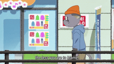 A Cartoon Character Says The Less You Are To Blame In Front Of A Store GIF