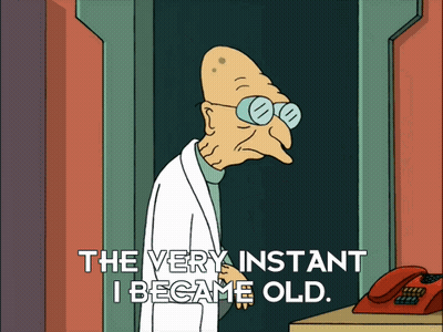 A Cartoon Character Says " The Very Instant I Became Old " In Front Of A Red Phone GIF