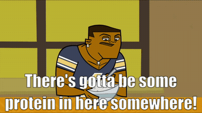 A Cartoon Character Says There 'S Gotta Be Some Protein In Here Somewhere .. GIF