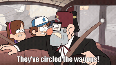 A Cartoon Character Says " They 'Ve Circled The Wagons " While Driving A Car GIF
