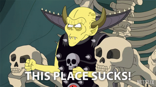 A Cartoon Character Says This Place Sucks In Front Of A Pile Of Skulls GIF