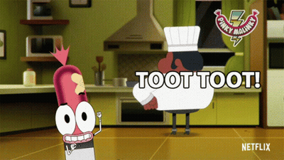 A Cartoon Character Says Toot Toot While Standing Next To Another Character GIF