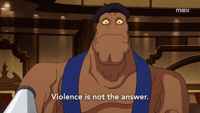 A Cartoon Character Says " Violence Is Not The Answer " While Holding A Knife GIF