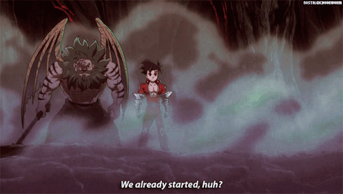 A Cartoon Character Says We Already Started Huh In Front Of A Demon GIF