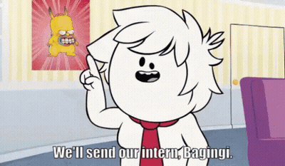 A Cartoon Character Says " We 'Ll Send Our Intern Bagini " GIF