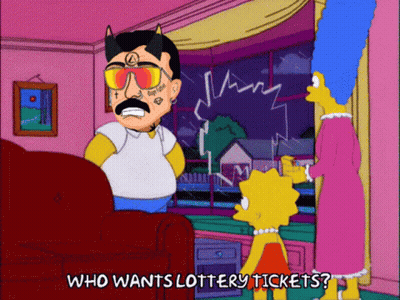 A Cartoon Character Says Who Wants Lottery Tickets To A Woman GIF
