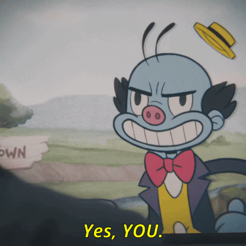 A Cartoon Character Says " Yes You " While Wearing A Bow Tie And Hat GIF