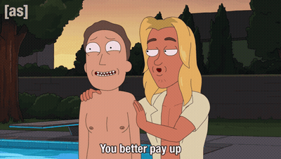 A Cartoon Character Says " You Better Pay Up " While Standing Next To Another Character GIF