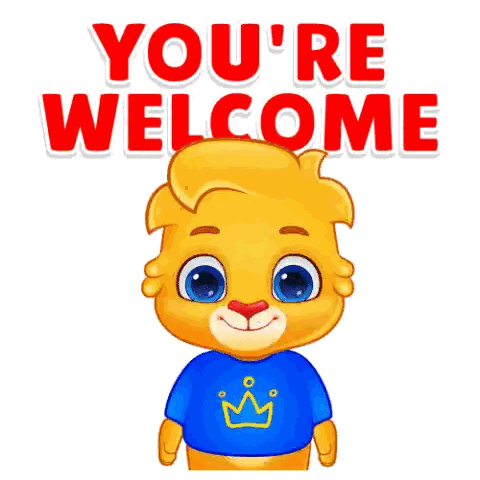 A Cartoon Character Says " You 'Re Welcome " In Red Sticker