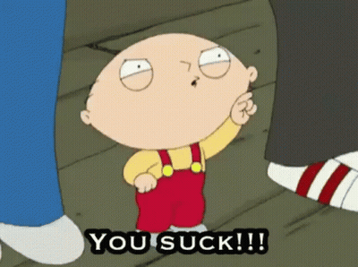 A Cartoon Character Says You Suck While Standing Next To A Person GIF