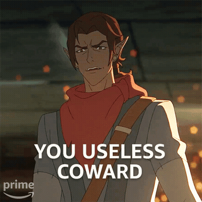 A Cartoon Character Says " You Useless Coward " While Wearing A Red Scarf GIF