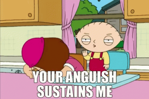 A Cartoon Character Says " Your Anguish Sustains Me " To Another Character GIF