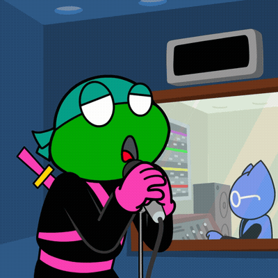 A Cartoon Character Singing Into A Microphone In Front Of A Cat GIF