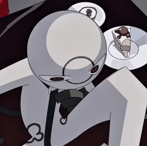 A Cartoon Character Sits At A Table With A Piece Of Cake On It GIF