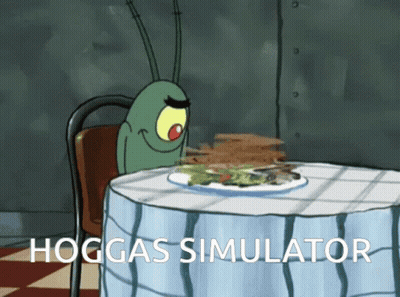 A Cartoon Character Sits At A Table With A Plate Of Food And The Words Hoggas Simulator Below It GIF