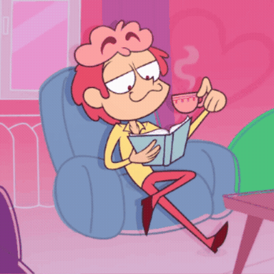 A Cartoon Character Sits In A Chair Reading A Book And Drinking A Cup Of Coffee GIF