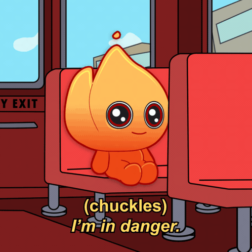 A Cartoon Character Sits In A Red Chair With The Words " Chuckles I 'M In Danger " On The Bottom GIF