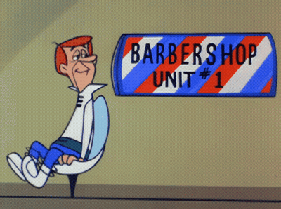 A Cartoon Character Sits In Front Of A Barbershop Sign GIF