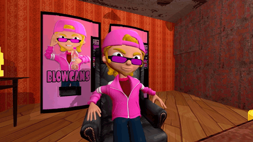 A Cartoon Character Sits In Front Of A Blow Cans Machine GIF