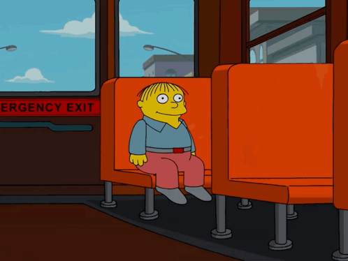 A Cartoon Character Sits On A Bus With An Emergency Exit Sign Behind Him GIF