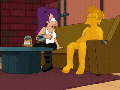 A Cartoon Character Sits On A Couch Next To A Woman And A Jar Of Honey GIF