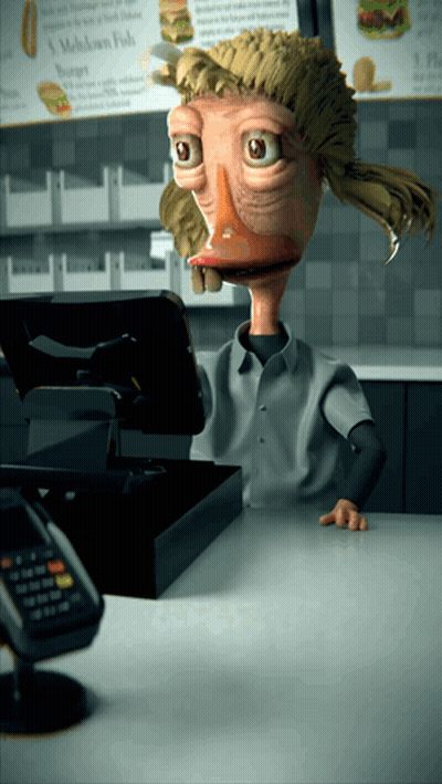 A Cartoon Character Sitting At A Counter In Front Of A Menu That Says ' Chicken Fish ' GIF
