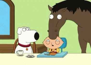 A Cartoon Character Sitting At A Table With A Horse Sticking Its Head Over It GIF