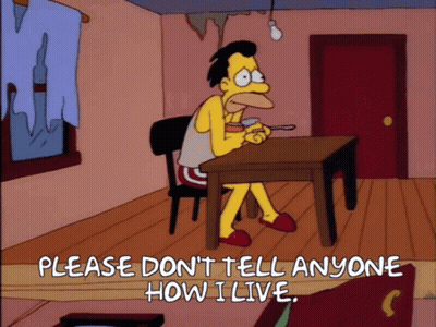 A Cartoon Character Sitting At A Table With The Words Please Don 'T Tell Anyone How I Live Below Him GIF