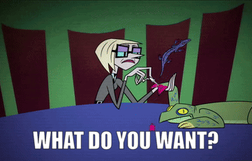 Cartoon Character Sitting At Table Asking What Do You Want GIF