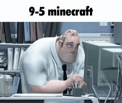 A Cartoon Character Sitting In Front Of A Computer With The Words " 9-5 Minecraft " On The Top GIF