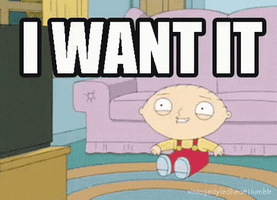 A Cartoon Character Sitting In Front Of A Couch With The Words " I Want It " GIF