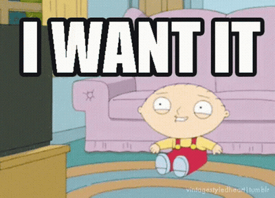 A Cartoon Character Sitting In Front Of A Couch With The Words " I Want It " Written Above Him GIF