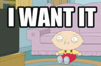 A Cartoon Character Sitting In Front Of A Couch With The Words " I Want It " Written Above Him GIF