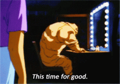 A Cartoon Character Sitting In Front Of A Mirror With The Words This Time For Good GIF
