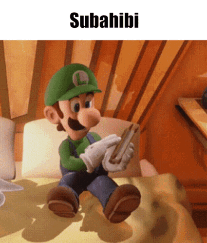 A Cartoon Character Sitting On A Bed With The Word Subahibi Written On The Top GIF