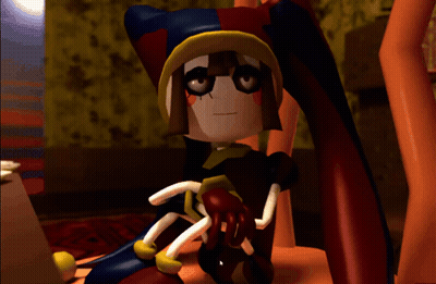 A Cartoon Character Sitting On A Chair With A Red And Yellow Hat GIF