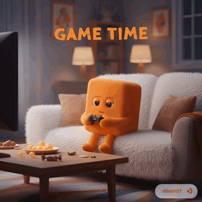 A Cartoon Character Sitting On A Couch Playing A Video Game With The Words Game Time Above Him GIF