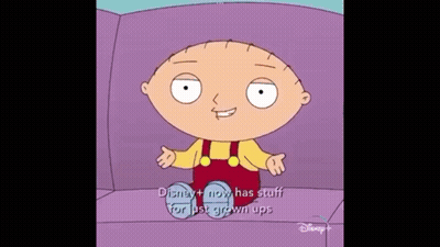 A Cartoon Character Sitting On A Couch With Disney + Now Has Stuff For Just Grown Ups GIF