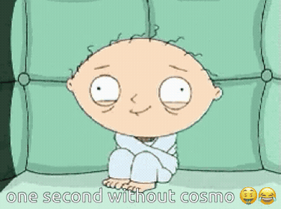 A Cartoon Character Sitting On A Couch With The Words One Second Without Cosmo GIF