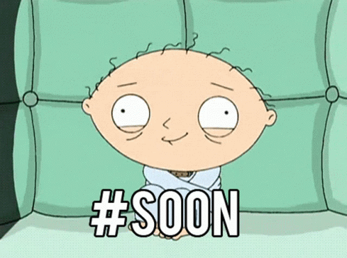 A Cartoon Character Sitting On A Couch With The Words #Soon Written Below Him GIF