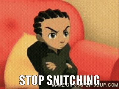 A Cartoon Character Sitting On A Red Couch With The Words Stop Snitching Written Below Him GIF