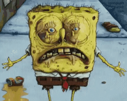 A Cartoon Character , Spongebob Squarepants , Is Standing On A Sidewalk With A Very Ugly Face . GIF
