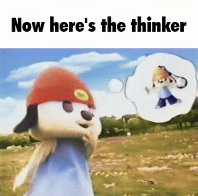 A Cartoon Character Standing In A Field With A Thought Bubble That Says Now Here 'S The Thinker GIF
