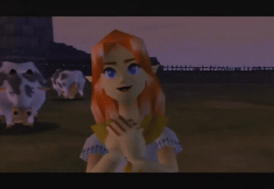 A Cartoon Character Standing In A Field With Cows GIF