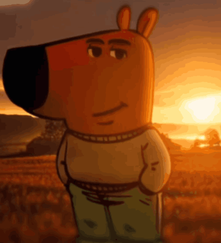 A Cartoon Character Standing In A Field With The Sun Setting In The Background GIF
