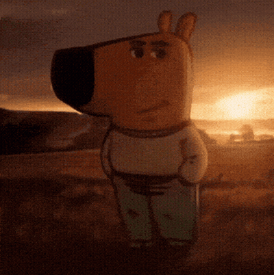 A Cartoon Character Standing In A Field With The Sun Setting In The Background GIF